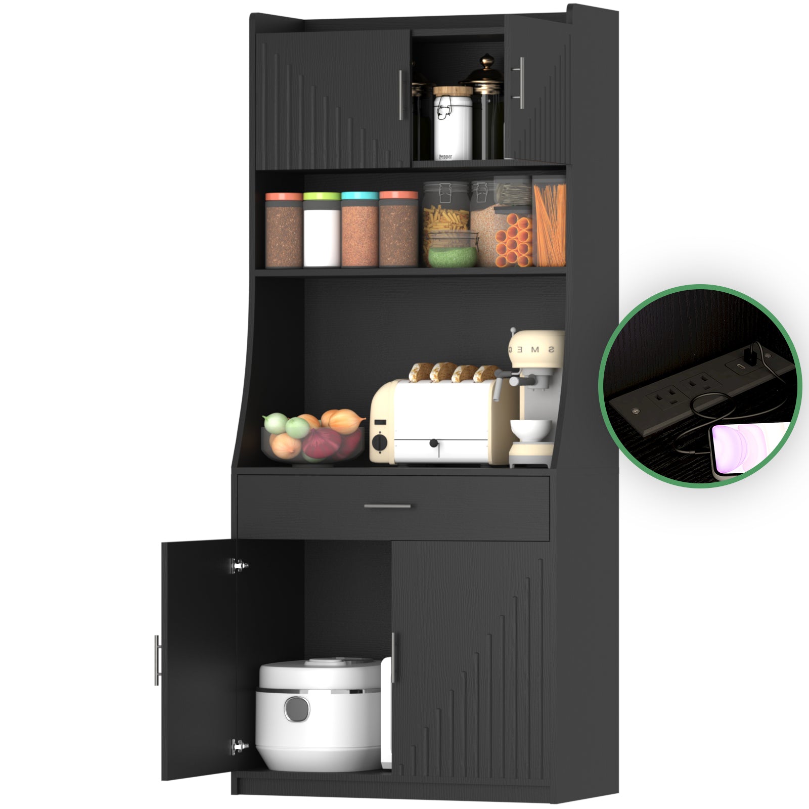 71" Kitchen Storage Cabinet With Charging Station,With 2 Outlets & 1Usb 1Type C Ports,Pantry With 2 Cabinet ,1 Large Storage Drawer& 1 Large Countertop Black Dining Room Mdf