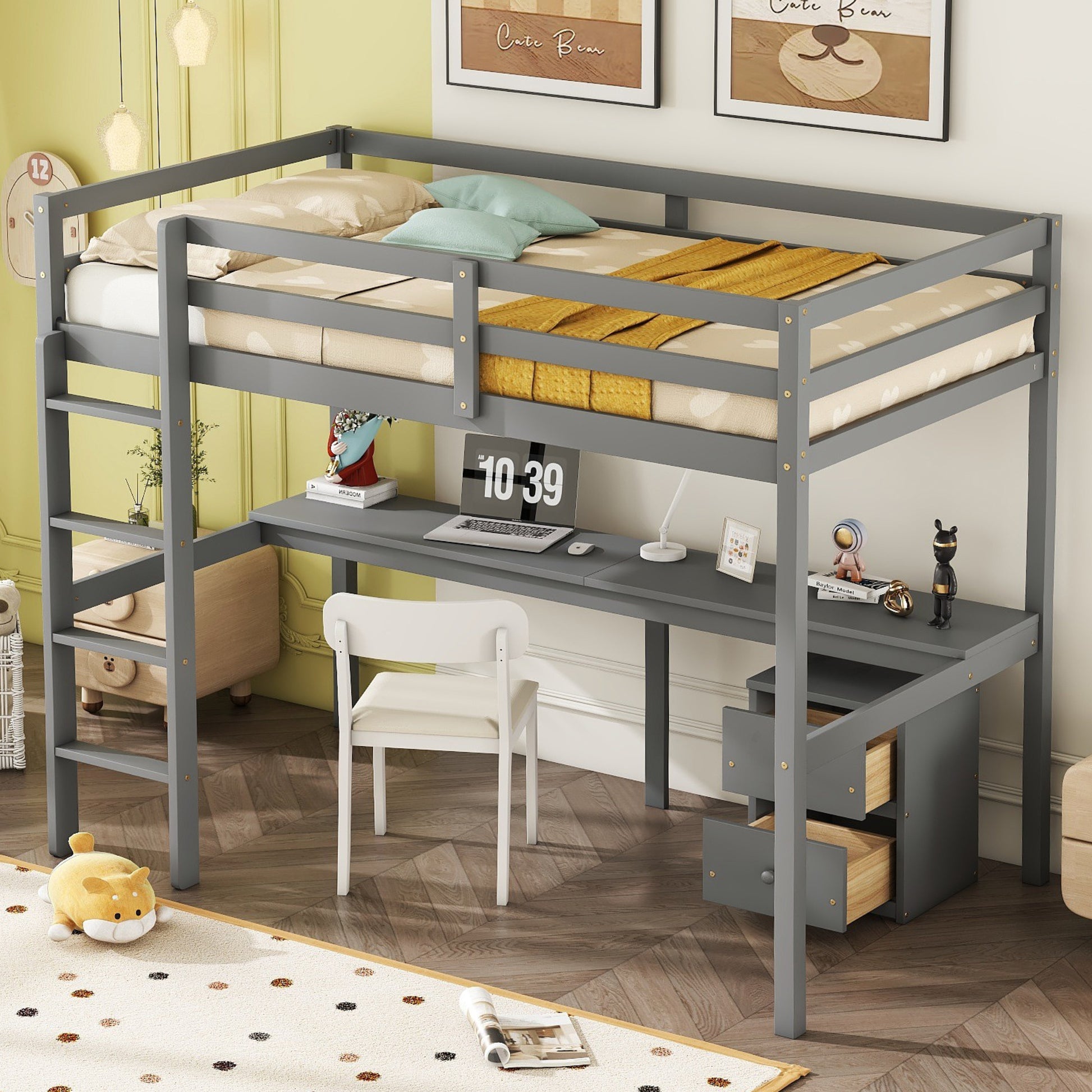 Twin Loft Wood Bed With Under Bed, Built In Desk, A Storage Cabinet Of 2 Drawers, Guardrails, Ladder,Grey Twin Grey Pine