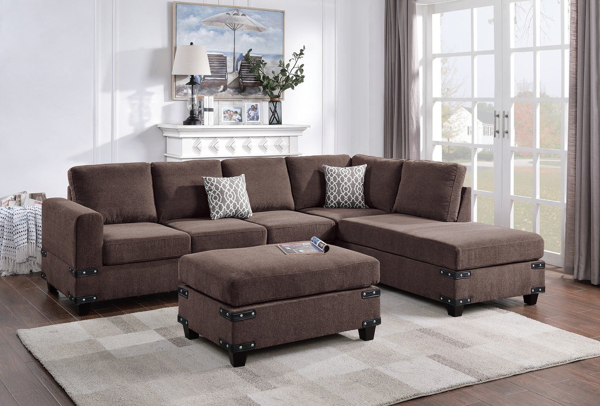 Living Room Furniture Chocolate Chenille Sectional W Ottoman Linen Like Fabric Sofa Reversible L R Chaise Ottoman 3Pc Sectional Sofa Chocolate Chenille Wood Primary Living Space Cushion Back Classic,Contemporary,Modern L Shaped Rubberwood Chenille 6 Seat