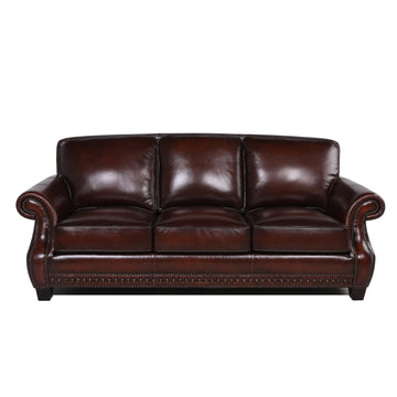 Traditional Roll Arm Leather Sofa Brown Leather 3 Seat