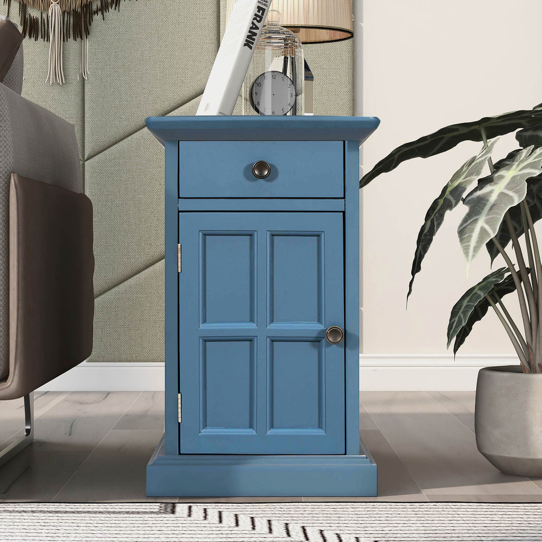 Classic Vintage Livingroom End Table Side Table With Usb Ports And One Multifunctional Drawer With Cup Holders, Antique Navy Antique Navy Solid Wood