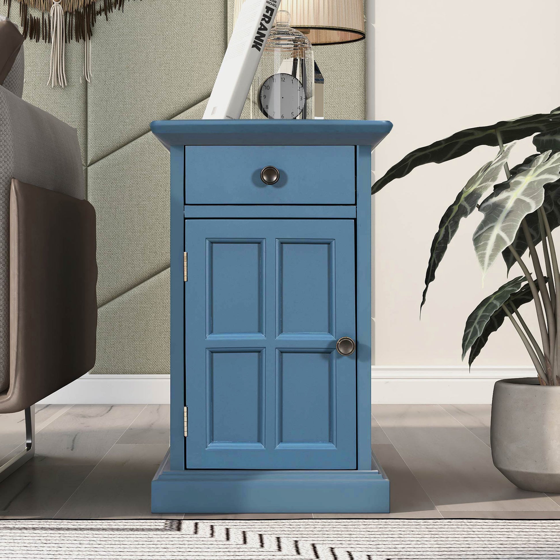 Classic Vintage Livingroom End Table Side Table With Usb Ports And One Multifunctional Drawer With Cup Holders, Antique Navy Antique Navy Solid Wood