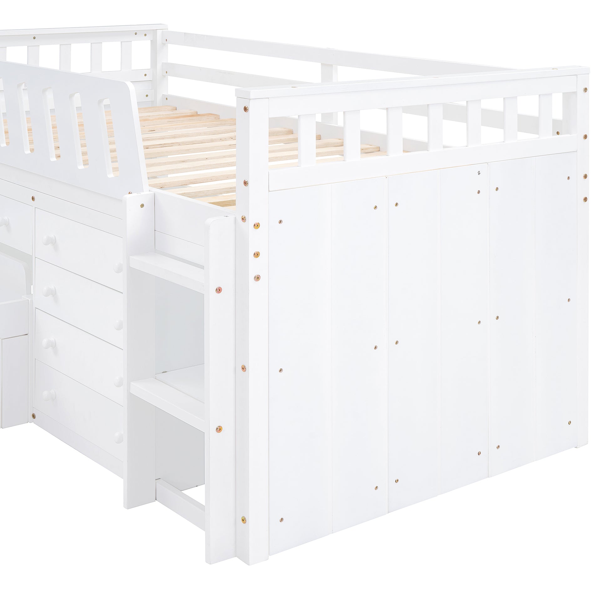 L Shaped Space Saving Twin Loft And Twin Platform Bed With 7 Drawers And Full Guardrails White Twin White Solid Wood