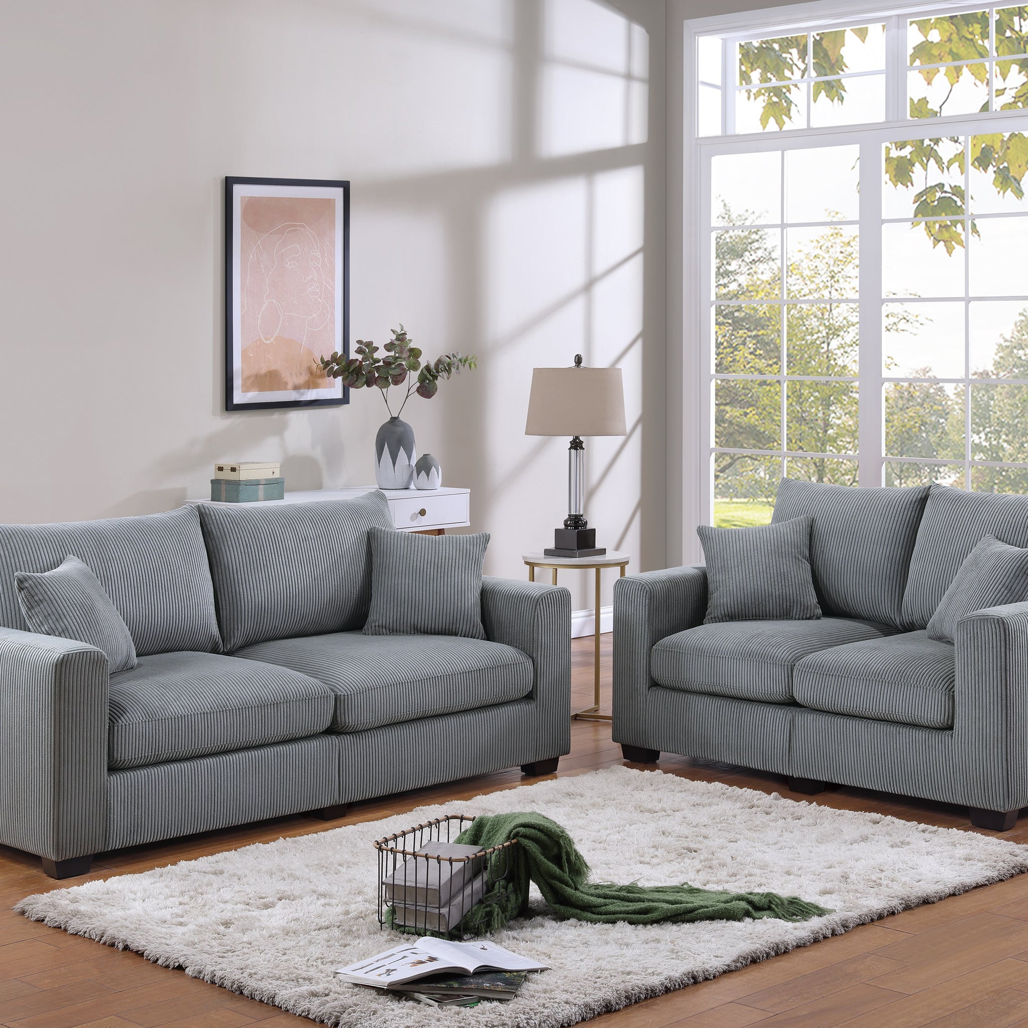 Classic Living Room 2Pc Sofa Set Fog Corduroy Sofa And Loveseat W Pillows Square Arms Plush Couch Fog Primary Living Space Cushion Back Classic,Contemporary,Modern Rubberwood Square Arms Corduroy 4 Seat