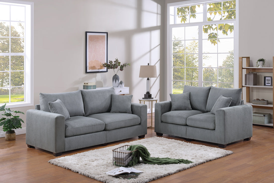 Classic Living Room 2Pc Sofa Set Fog Corduroy Sofa And Loveseat W Pillows Square Arms Plush Couch Fog Primary Living Space Cushion Back Classic,Contemporary,Modern Rubberwood Square Arms Corduroy 4 Seat