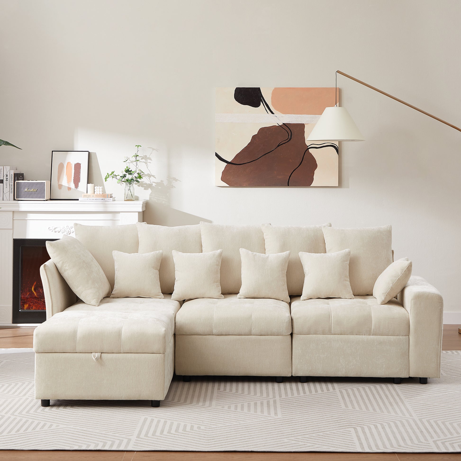 96.45"Sectional Sofa Modular Sofa Couch With Three Usb Ports, A Removable Storage Ottoman And Five Back Pillows For Living Room, Beige Beige Foam Chenille 4 Seat