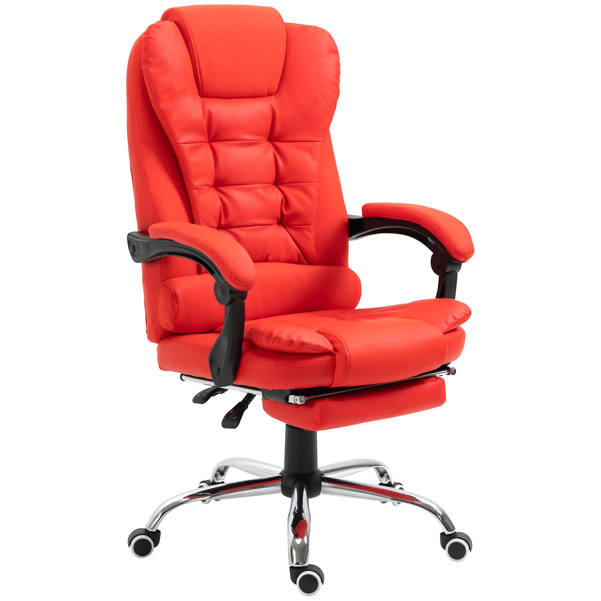 Homcom High Back Ergonomic Executive Office Chair, Pu Leather Computer Chair With Retractable Footrest, Lumbar Support, Padded Headrest And Armrest, Red Red Pu Leather