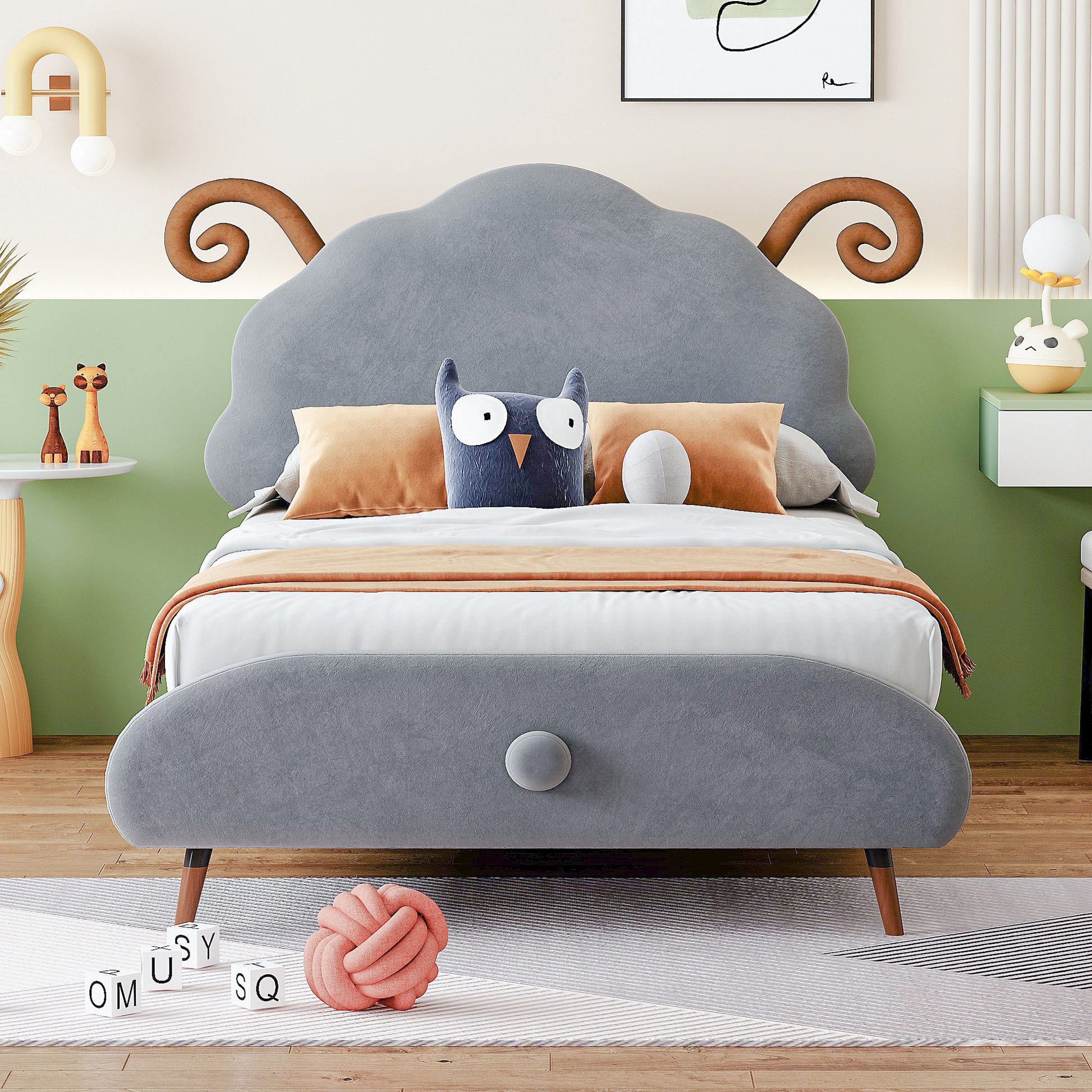 Twin Size Upholstered Platform Bed With Sheep Shaped Headboard, Gray Twin Gray Plywood