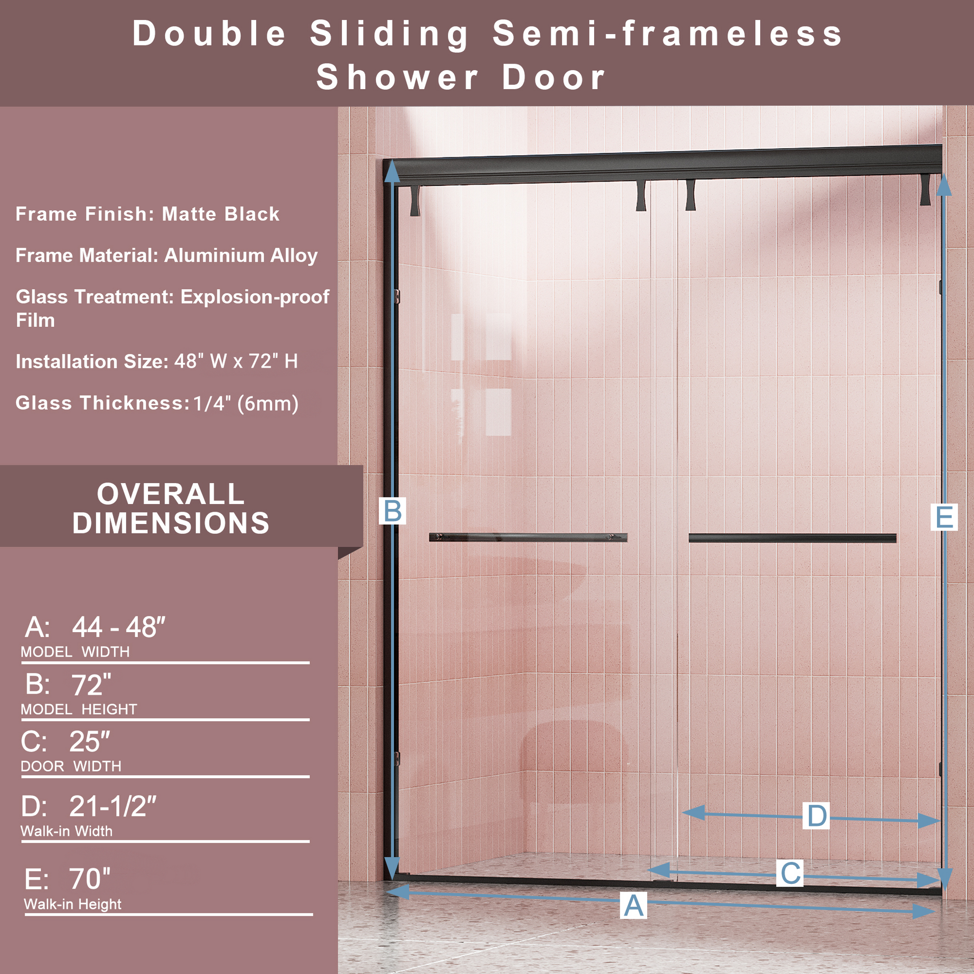 44 48 In. W X 72 In. H Semi Frameless Shower Door, Double Sliding Shower Door, 1 4" 6Mm Clear Tempered Glass Shower Door With Explosion Proof Film, Matte Black 24D212S 48Mb Matte Black Tempered