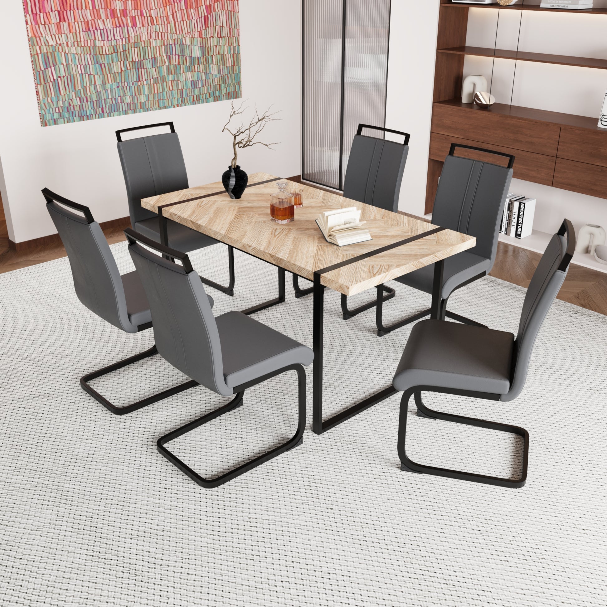 59 "Rural Industrial Rectangular Mdf Light Wood Dining Table Set And Pu Armless Dining Chair Set, 6 Piece. Kitchen Black Metal Table Leg Dining Chair Set Black Brown Mdf