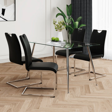 Modern Simple Rectangular Glass Dining Table, Solid Tempered Glass Tabletop, Electroplated Table Legs, Black Pu Dining Chair Set, Suitable For Restaurant Kitchen Use Set Of 5 Upholstered Chair Glass Black Seats 4 Metal Rectangular Dining Table With Chair