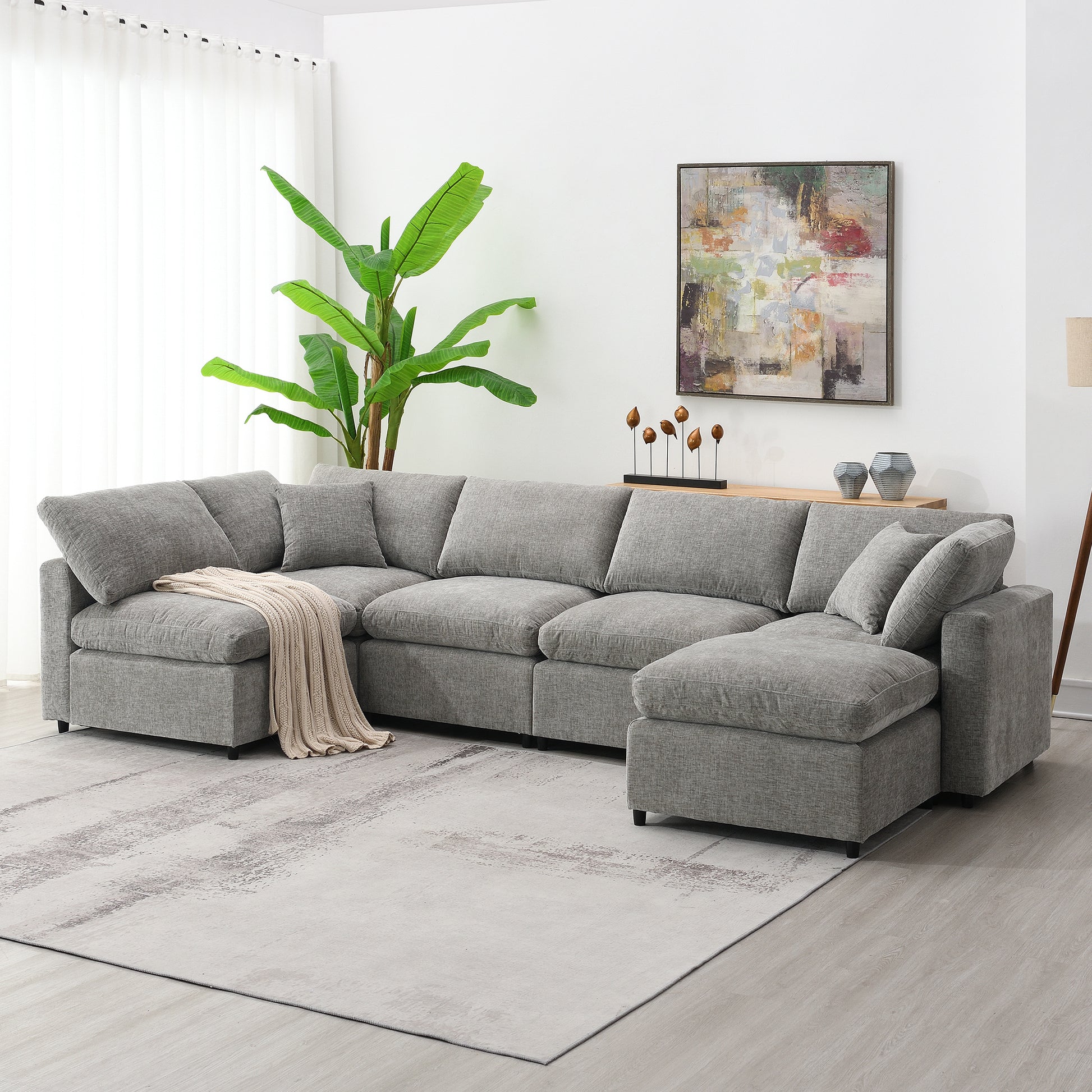 130*65" Modern Modular Cloud Sofa Bed, 6 Seat Chenille Sectional Couch Set With Ottoman,Free Combination,Convertible U Shaped Sleeper Sofa For Living Room, Apartment, 3 Colors Gray Chenille 6 Seat