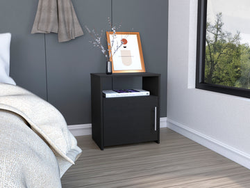Nightstand Cuarzz, One Cabinet, Black Wengue Finish Black Particle Board