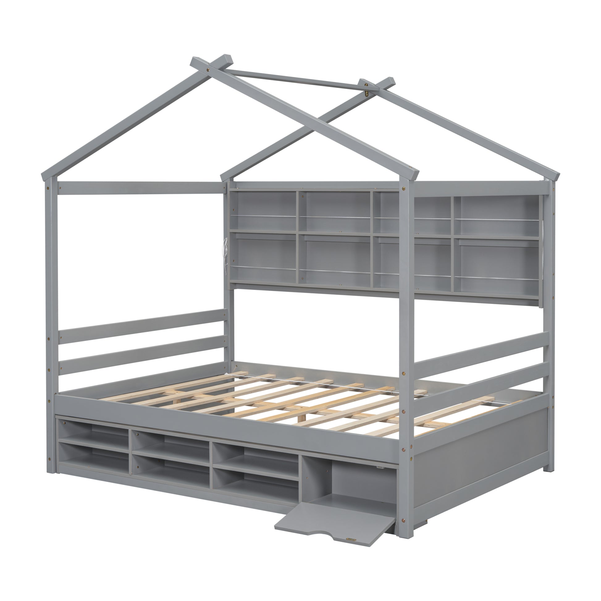 Full House Bed With Roof Frame, Bedside Shelves, Under Bed Storage Unit,Grey Full Grey American Design Pine