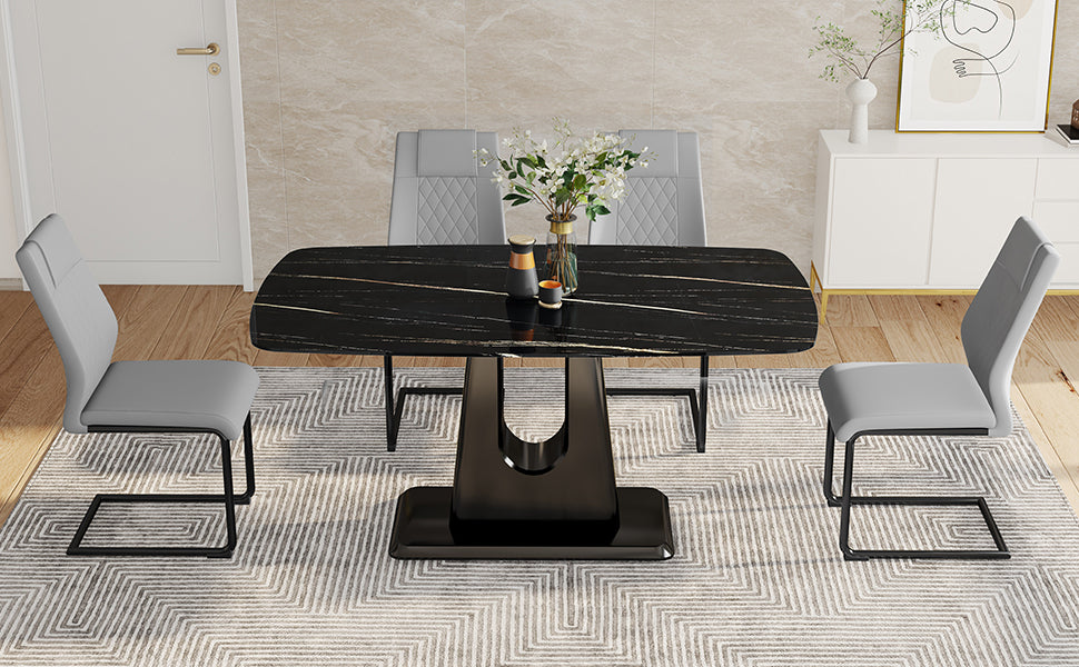 Table And Chair Set, Minimalist Dining Table, Imitation Marble Patterned Glass Tabletop, Mdf Legs With U Shaped Brackets. Paired With Comfortable Chairs, Suitable For Dining And Living Rooms. Black Mdf Glass