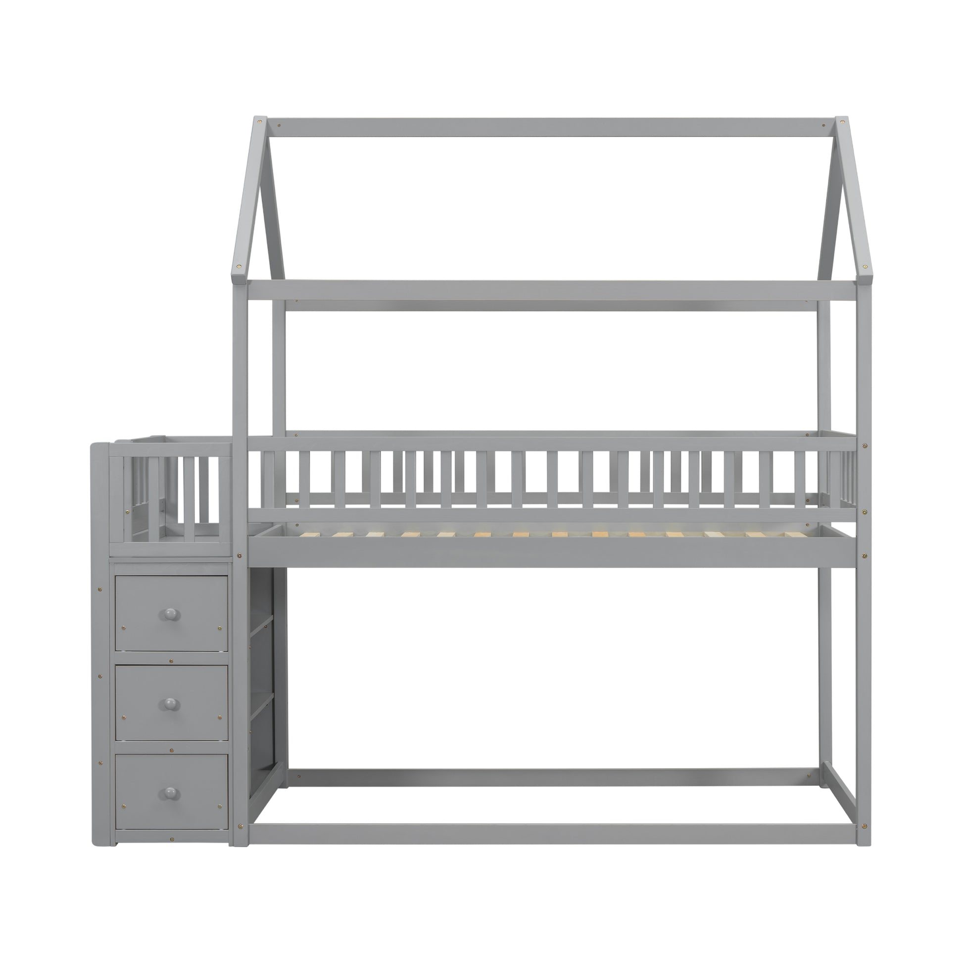 Twin Twin House Bunk Bed With Shelves And Drawers For Grey Color Box Spring Not Required Twin Grey Bedroom Bunk Pine