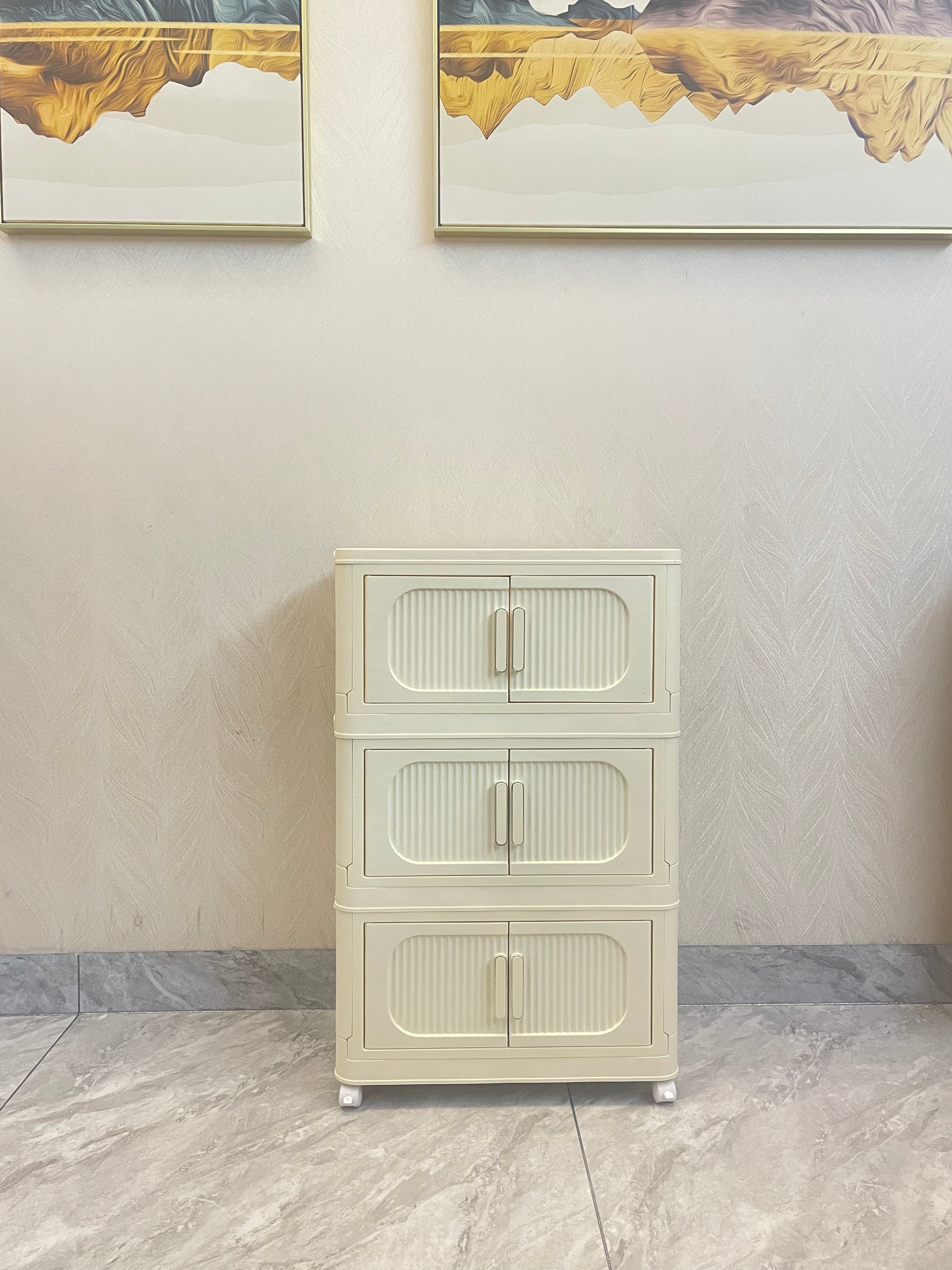 Cream White,19.69" Side Wide Folding Storage Cabinet ,4 Tiers,19.69" 11.81" 40.55",Collapsible Storage Bins With Magnetic Door, Plastic Storage Cabinet With Wheels Cream White Plastic