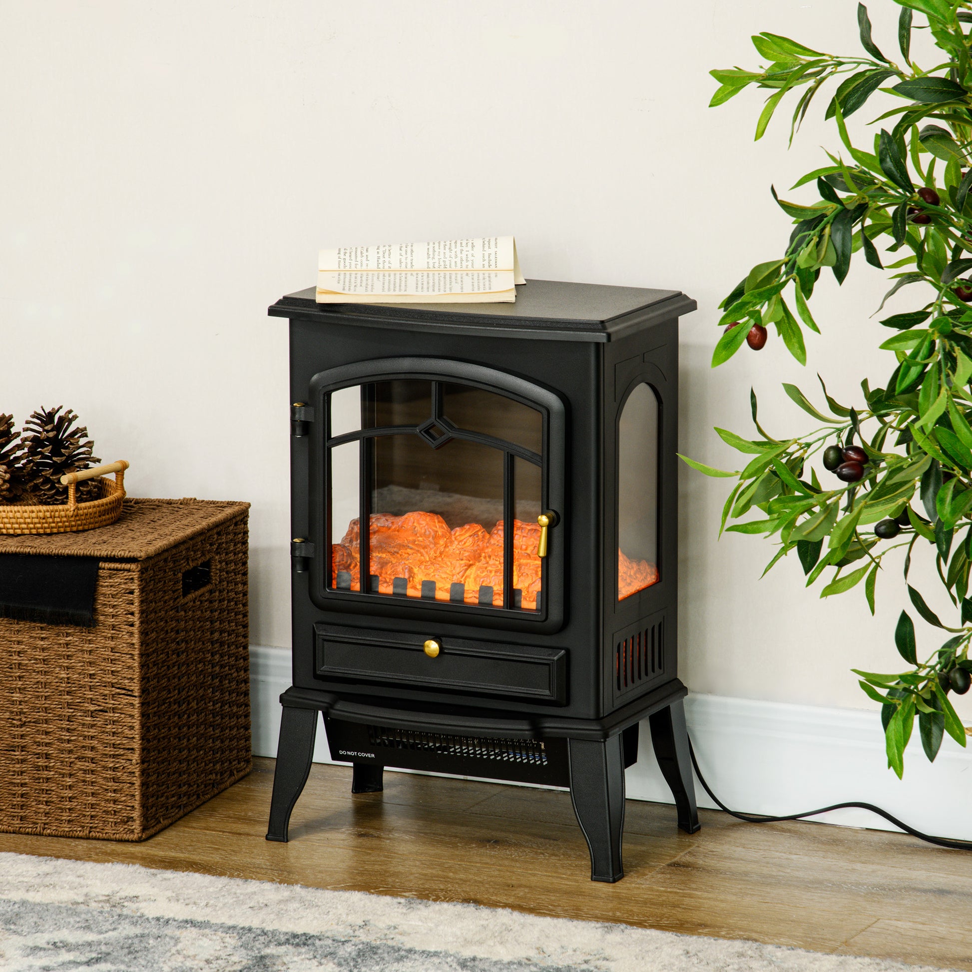 Homcom Electric Fireplace Stove, 22" Freestanding Fireplace Heater With 3 Sided Realistic Flame, Overheating Protection, Adjustable Temperature, Portable, 750W 1500W, Black Black Abs