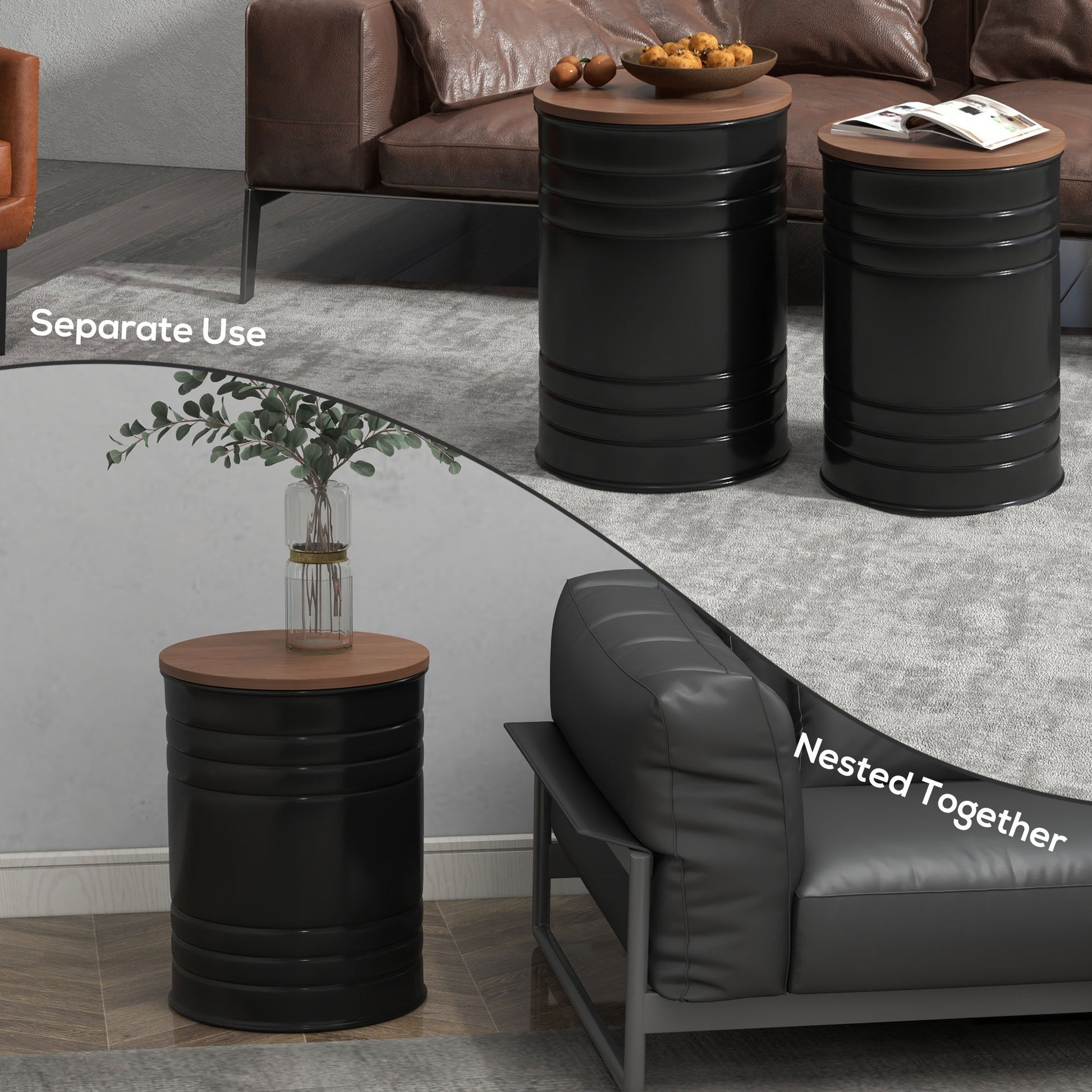 Homcom Nesting Storage Ottomans Set Of 2 With Lids, Hidden Space Black Metal