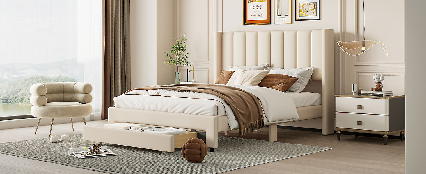 Full Size Storage Bed Velvet Upholstered Platform Bed With A Big Drawer Beige Old Sku:Wf296850Aaa Full Beige Velvet