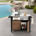 Outdoor Kitchen Wicker Island Rolling Cart & Storage Cabinet, Wheels And Stainless Steel Extended Table Top, Side Handle For Patio Kitchen Or Bar Cart, Brown No Brown Garden & Outdoor Steel