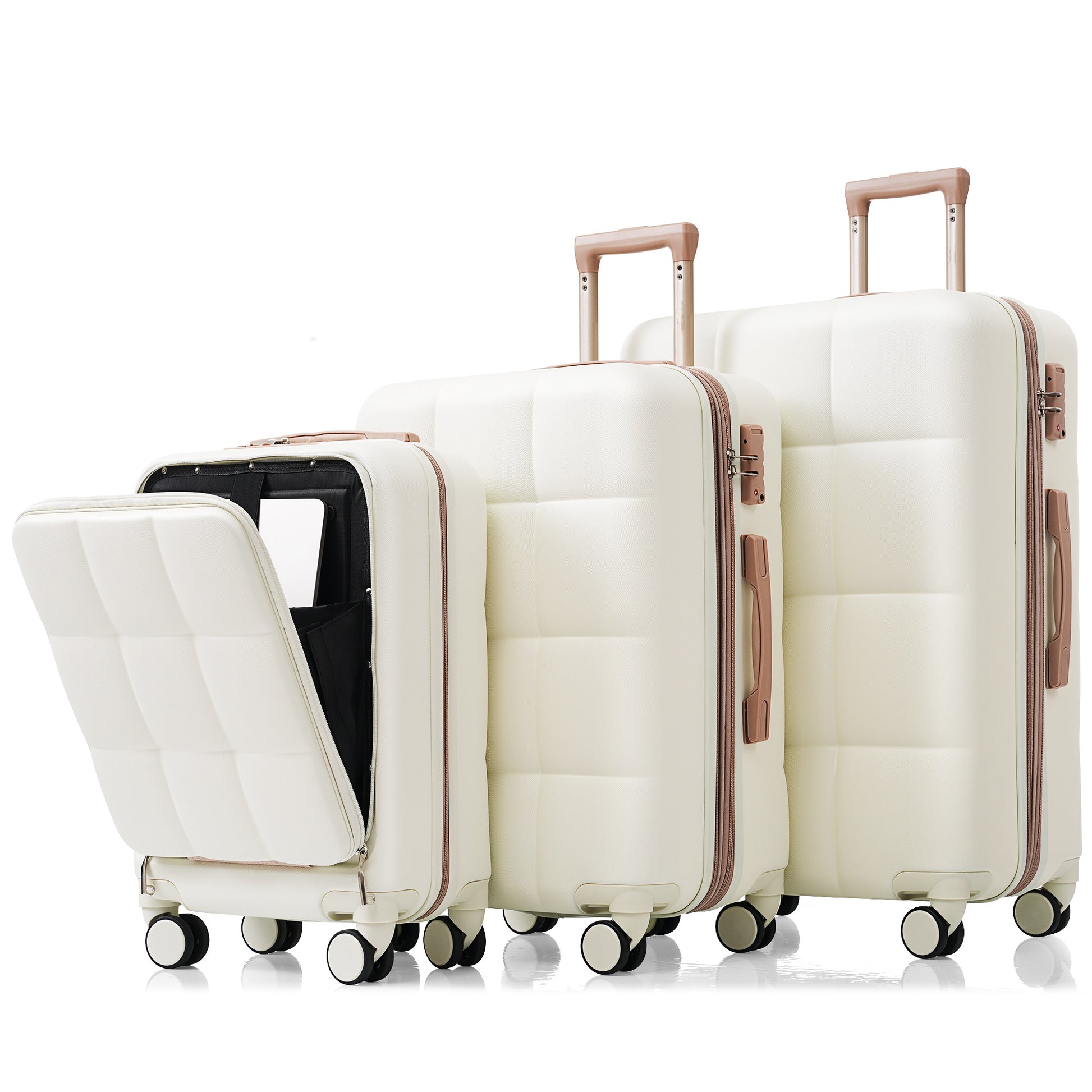 Luggage Sets 3 Piece, 20 Inch With Usb Port And Front Opening Design, Abs Hard Shell Luggage With Spinner Wheels, Cup Holder, White White Abs