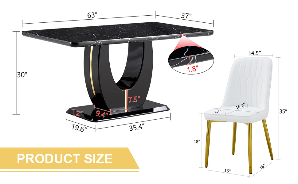 Table And Chair Set.63"W X 37"D X 30"H Black Marble Mdf Diningtable Set With 6 White Pu Chairs With Gold Metal Legs.Bring A Comfortable Home Experience To The Kitchen, Bedroom, And Office. White