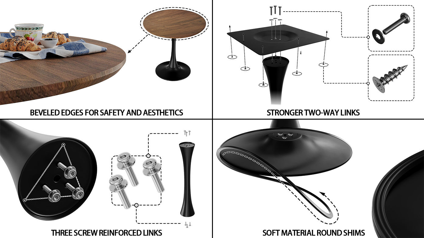 Walnut Circular Dining Table, 31.5 "Tulip Dining Table, Kitchen Dining Table For 2 4 People, Mdf Tabletop And Base, And 2 White Pu Black Metal Leg Dining Chairs Set 2 Walnut Mdf