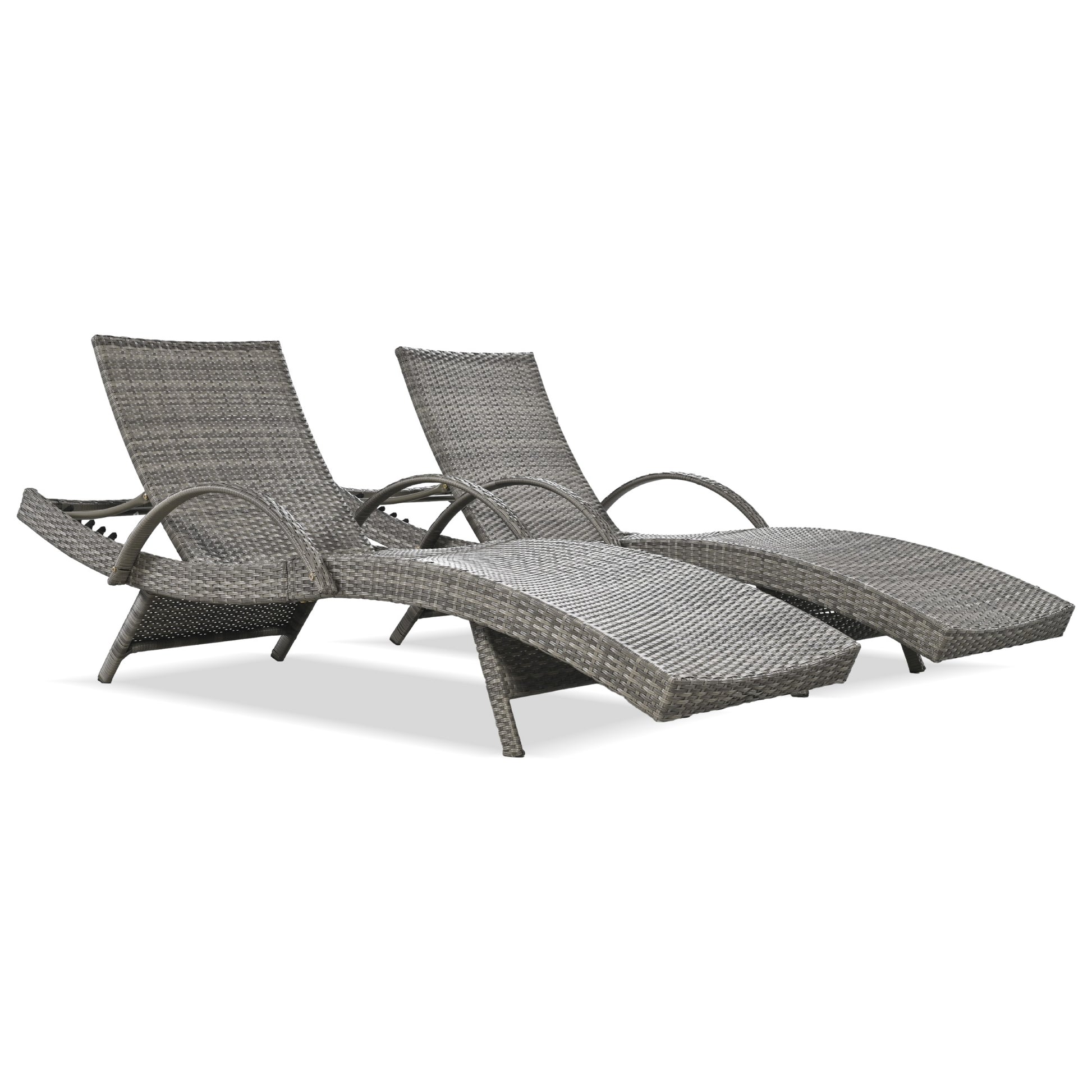 K&K 80'' Outdoor Wicker Chaise Lounge Chairs Set Of 2, Patio Rattan Reclining Chair Pull Out Side Table Adjustable Backrest Ergonomic Wave Design Pool Sunbathing Recliners, Grey No Lounge Grey Seats