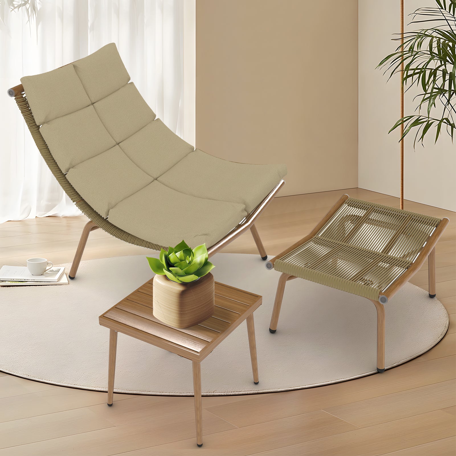 Chaise Lounge Chair With Table For Outdoor Indoor Wood Color Alloy Frame 380Lbs Capacity With Cushion Recliner For Camping Gaming Lunch Break Garden Party Sunbathing Gold Brown Rattan Metal