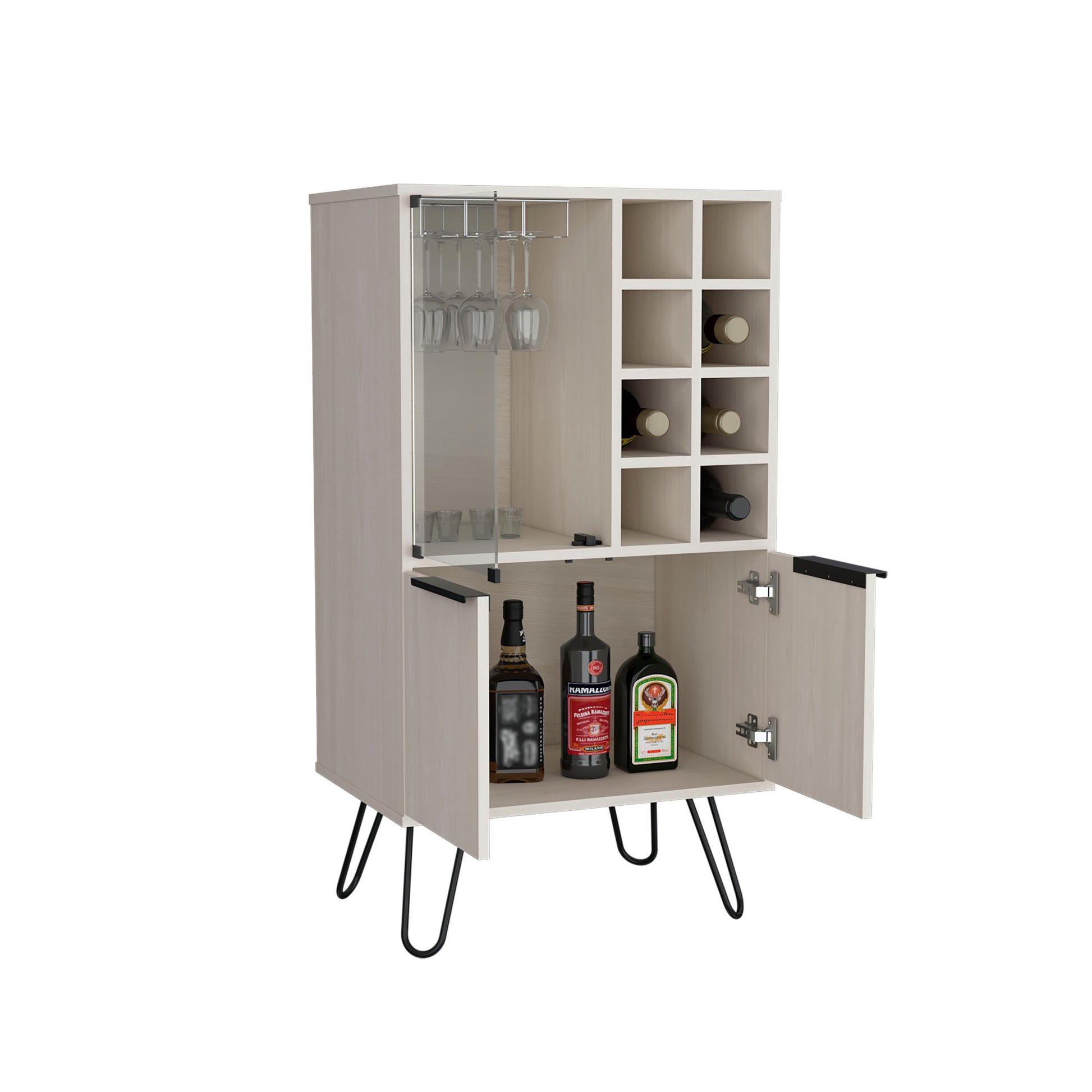 Aster 23" Wide Double Door Bar Cabinet And Glass Door Comparment, Eight Bottle Cubbies And Stemware White Washed Dining Room Modern Shelves Included Particle Board