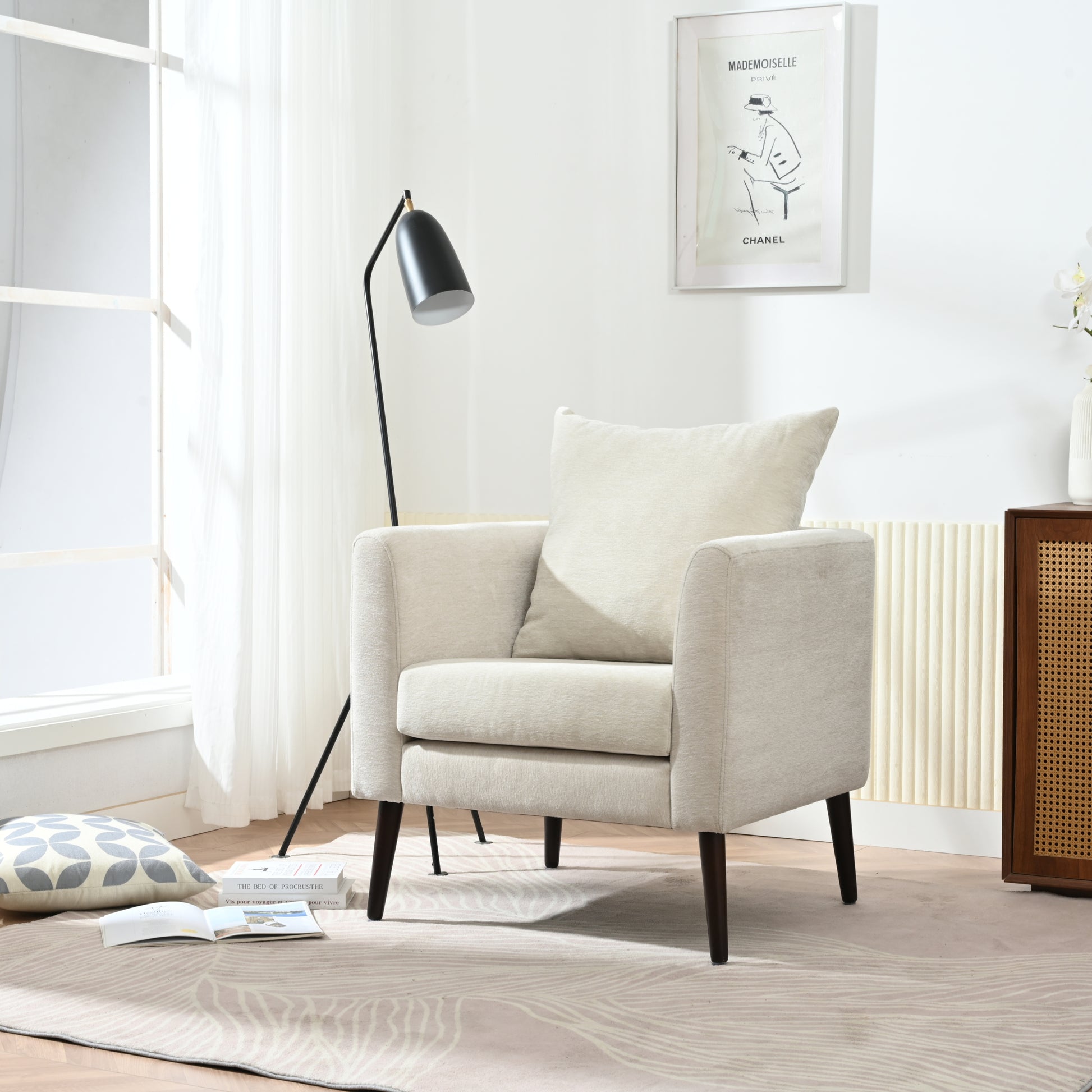 Barrel Chair, Chenille Accent Chair, Fabric Armchair Club Chair,Upholstered Arm Chair With Solid Wood Legs,Waist Pillow,Padded Single Chair For Living Room Bedroom Study Waiting Room,Beige Beige Light Brown Primary Living Space Modern Rubberwood Foam