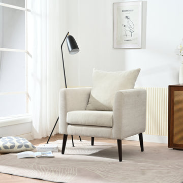 Barrel Chair, Chenille Accent Chair, Fabric Armchair Club Chair,Upholstered Arm Chair With Solid Wood Legs,Waist Pillow,Padded Single Chair For Living Room Bedroom Study Waiting Room,Beige Beige Light Brown Primary Living Space Modern Rubberwood Foam