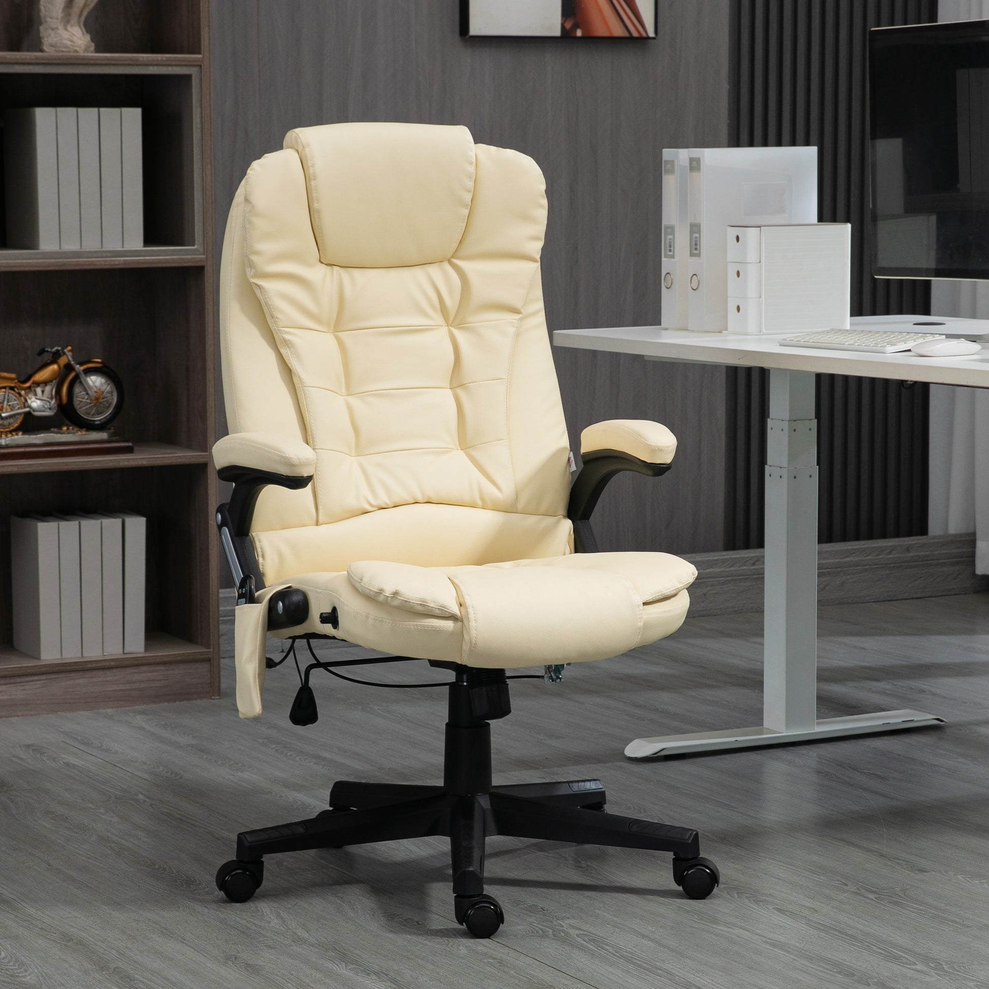 Homcom High Back Vibration Massage Office Chair With 6 Vibration Points, Heated Reclining Pu Leather Computer Chair With Armrest And Remote, Beige Beige Pu