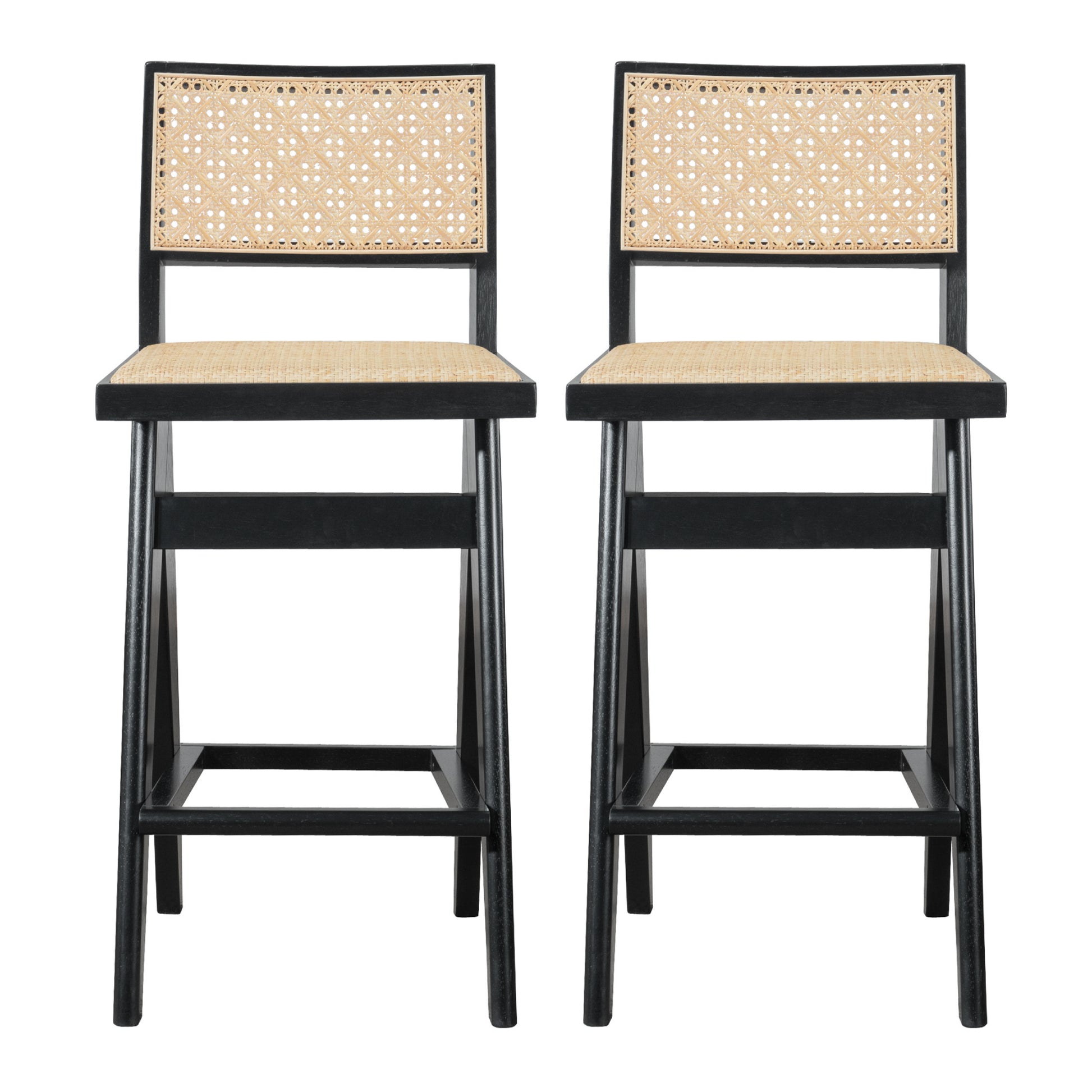 Keira Rattan Bar Stool Set Of 2 Solid Black,Rattan Espresso Dining Room Bar Stools Rattan,Solid Wood