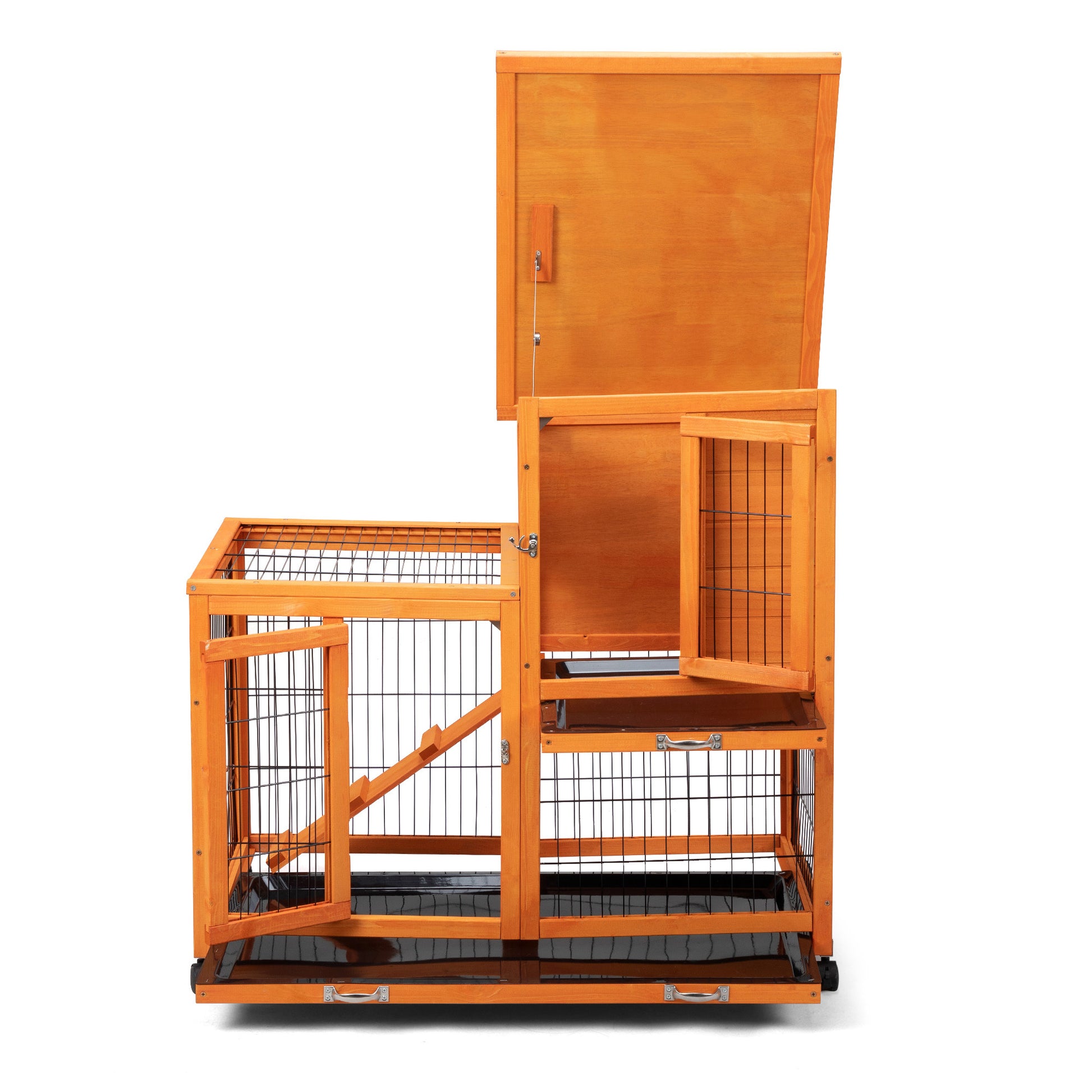 Detachable Rabbit Hutch With Removable Tray And Rolling Casters, Orange Orange Pine