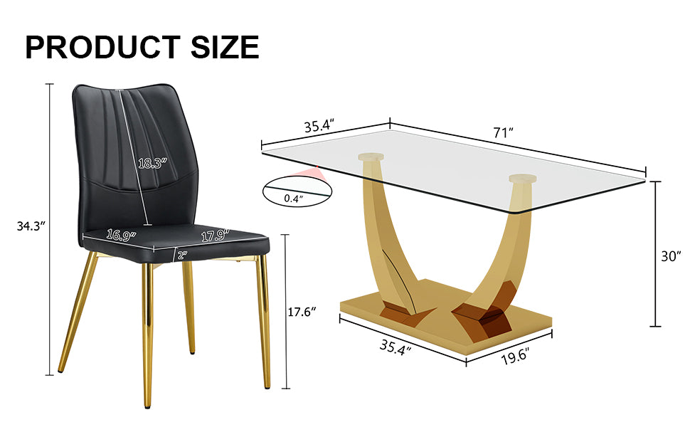 Table And Chair Set.Modern Rectangular Dining Table With Transparent Tempered Glass Tabletop And Gold Plated Metal Legs.Paried With 8 Comfortable Chairs With Pu Seats And Golden Metal Legs. Black Gold,Transparent Seats 8 Glass Metal