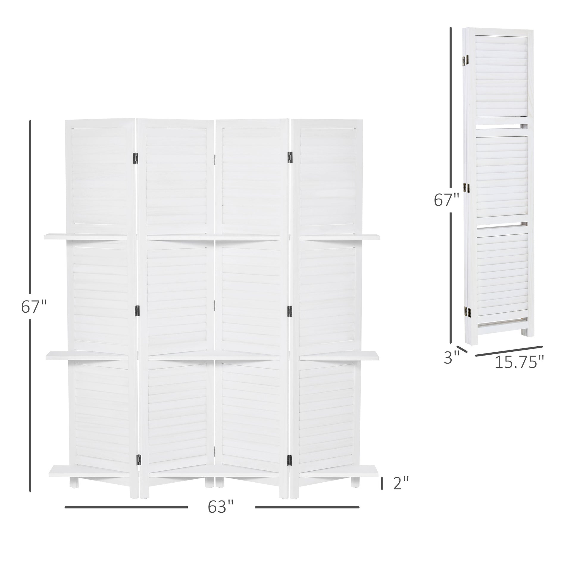 Homcom 4 Panel 67" Tall Wood Privacy Screen Room Divider With 3 Display Shelves, And Folding Storage For Bedroom Or Home Office, White White Wood