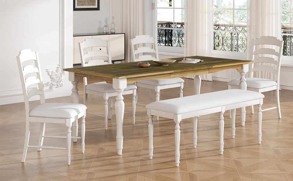Vintage Traditional 6 Piece 82.7Inch Extendable Dining Table Set With 23.6Inch Removable Leaf, 50.4Inch Upholstered Dining Bench And 4 Chairs For 6, Brown Cream Wood Dining Room Distressed Finish Rubberwood Rectangular Dining Table With Bench Wood Wood