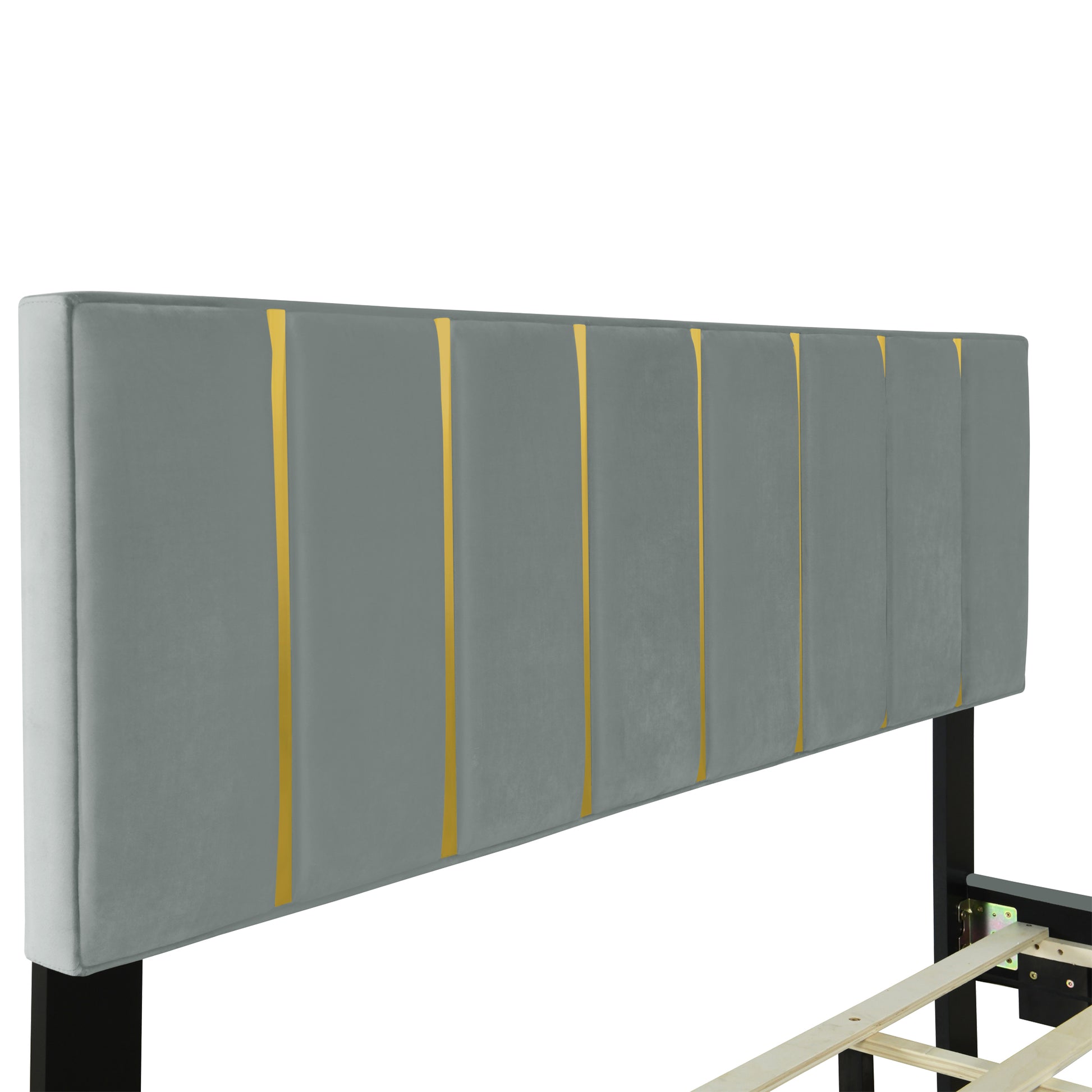 Queen Size Upholstered Platform Bed With 2 Drawers And 1 Trundle, Classic Metal Strip Headboard Design, Grey Queen Gray Mdf Lvl