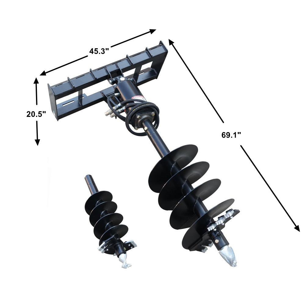 Skid Steer Attachments Post Hole Auger Drive Attachment, 12" And 18" Diameter Auger, 46" Drilling Depth, Standard Flow Black Steel