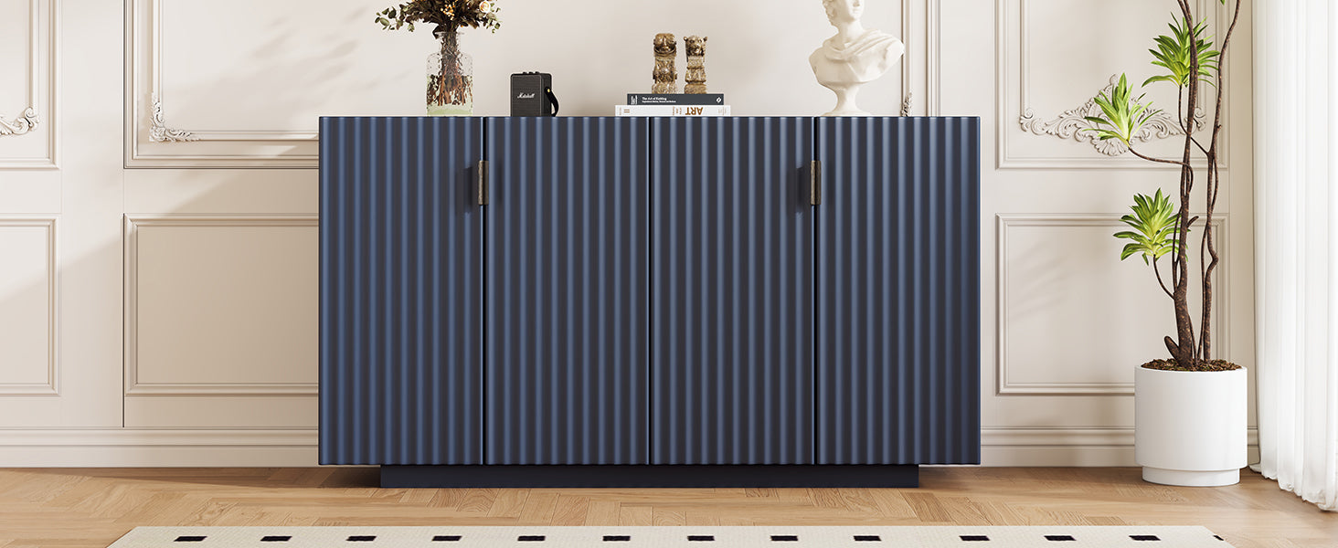 4 Wavy Doors Large Storage Space Sideboard With Adjustable Shelves And Retro Copper Handles For Dining Room And Living Room Antique Navy Antique Navy Mdf