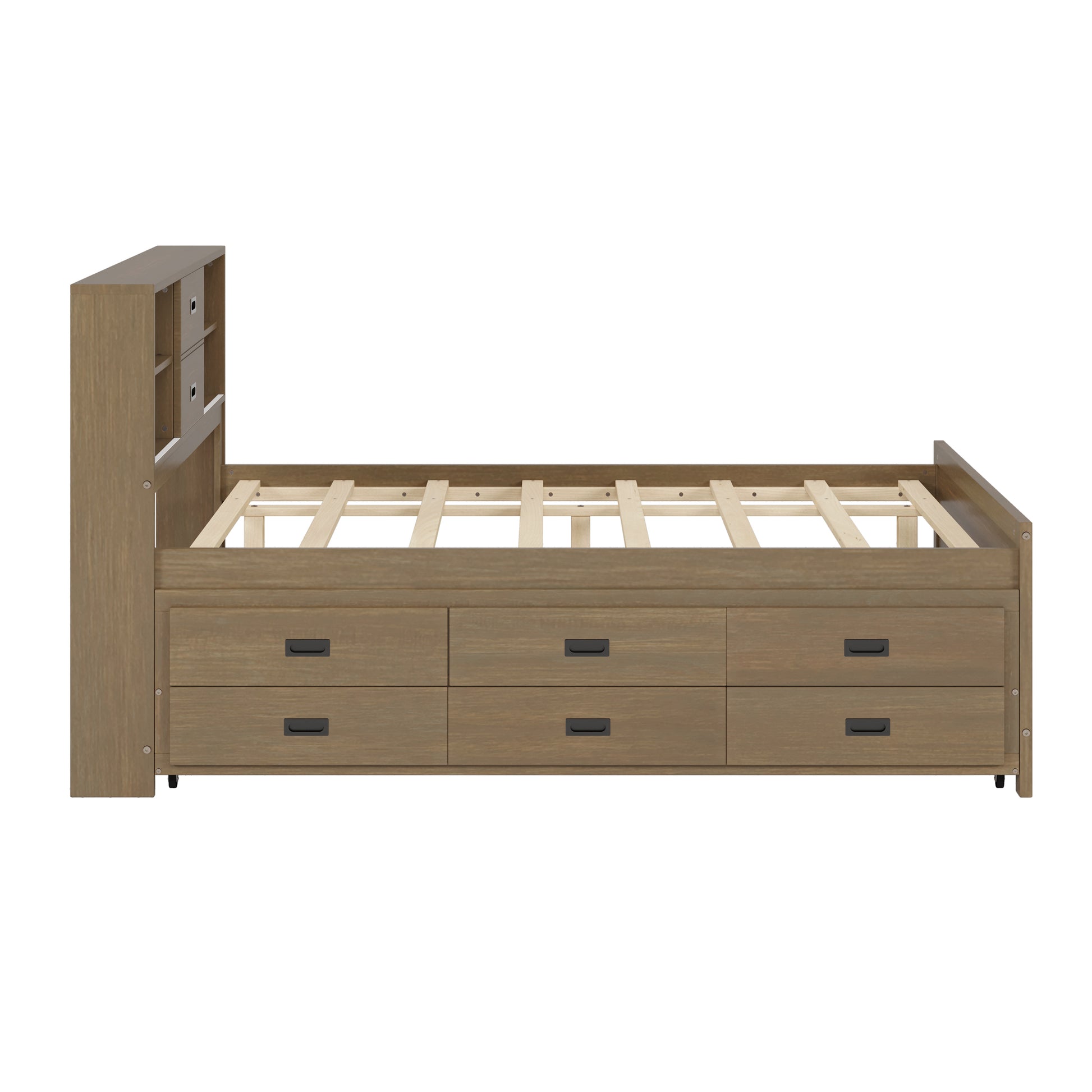 Full Size Captain Bed With Storage Bookcase Headboard,Captain Bed With Trundle And Three Storage Drawers For Kids Teens Dorm Bedroom Multipurpose Guest Room Or Home, Walnut Box Spring Not Required Full Walnut Wood Solid Wood Mdf