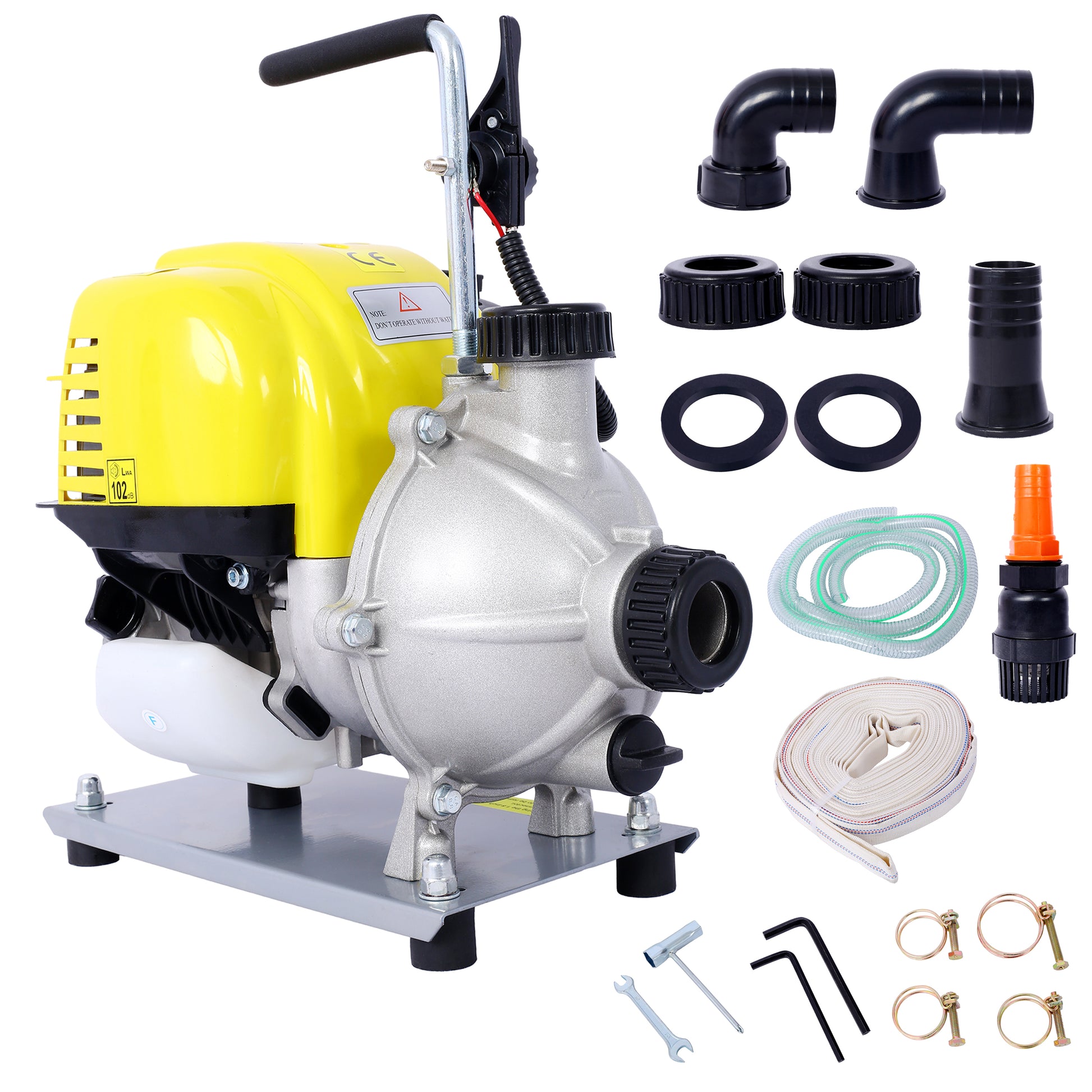 38Cc 4 Stroke Gasoline Water Pump 1.5Inch Portable Gas Powered Transfer Pump Commercial Engine Water Pump For Flood Landscaping Or Gardening Irrigation 8500R Min,10Ft X 1"Suction 1.5" Lay Flat Hose Yellow Aluminum