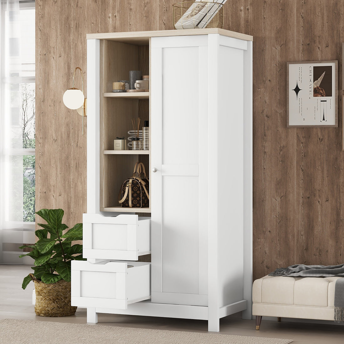 Bedroom Storage Wardrobe With Hanging Rods And 2 Drawers And Open Shelves,Sliding Door,White White Mdf