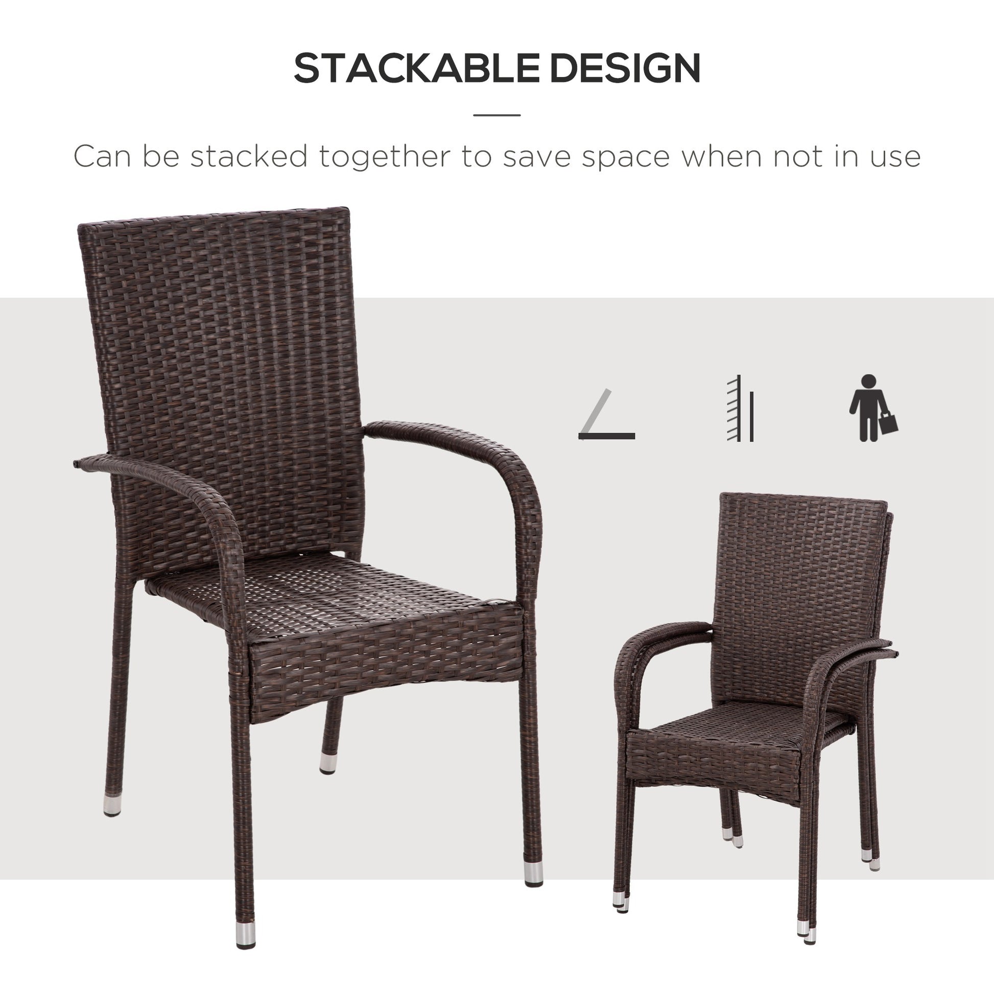 Outsunny Stackable Pe Rattan Outdoor Dining Chairs With Cushions, Set Of 2 Patio Wicker Dining Chairs With Armrests And Backrest For Patio, Deck, Cream White Blue Steel