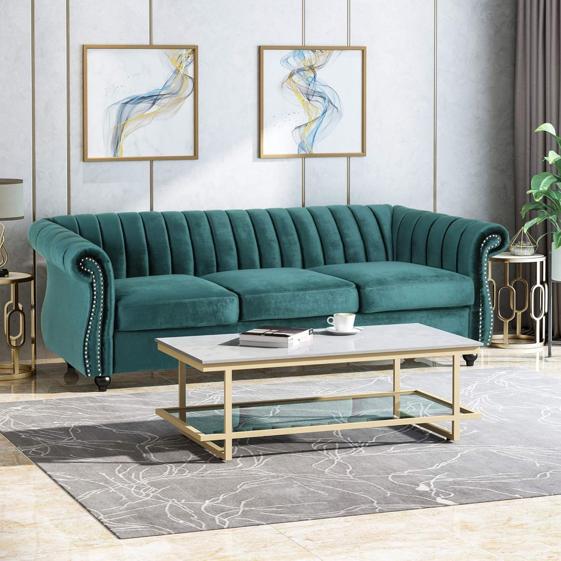 84 Inch Teal 3 Seater Velvet Sofa Button Tufted With Trim, Curved Backrest, And Rolled Arms, Stylish And Elegant Couch For Modern Living Rooms, Durable Upholstery, Luxury Design Teal Velvet Wood Primary Living Space Medium Firm Loose Back Medium Duty