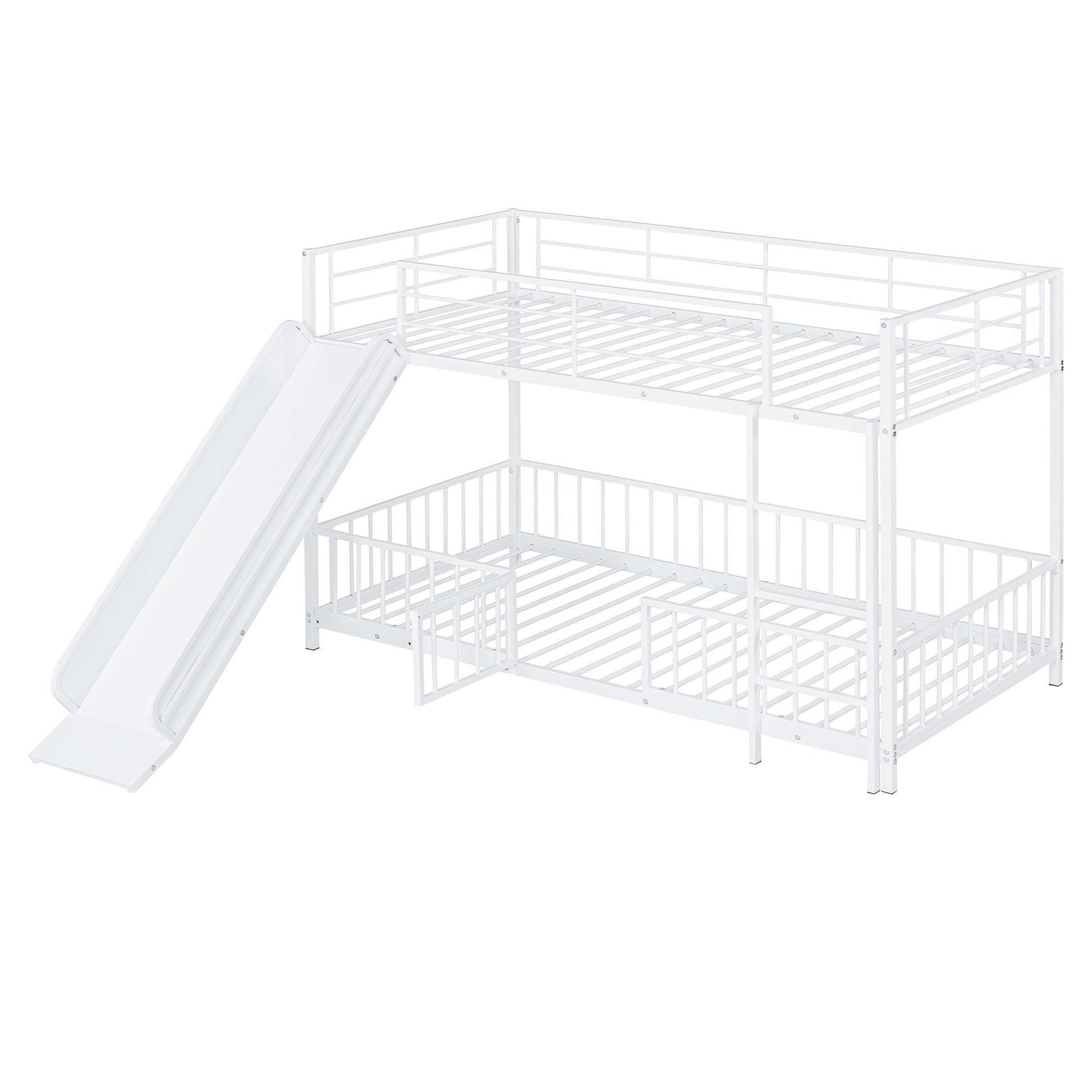 Twin Over Twin Size Metal Bunk Bed With Slide And Guardrails, White Twin White Metal