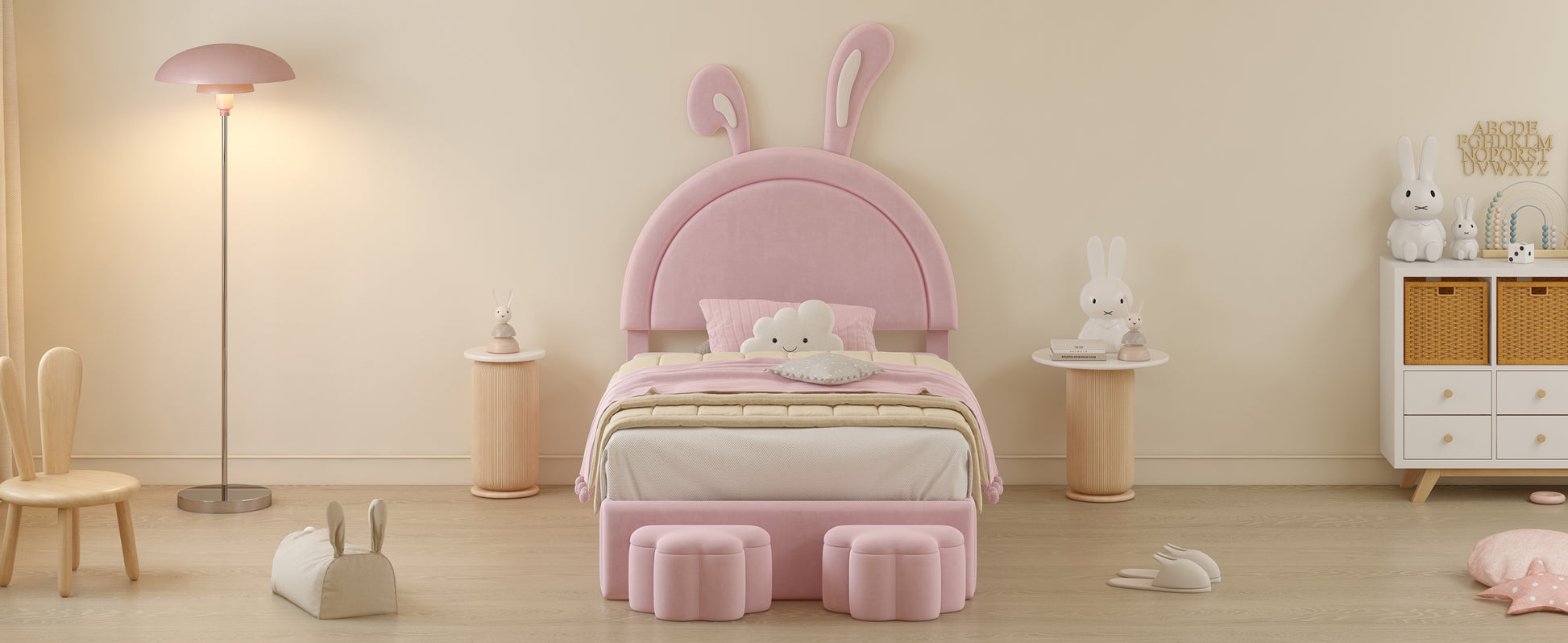 Twin Size Upholstered Rabbit Shape Bed With 2 Storage Stools, Velvet Platform Bed With Cartoon Ears Shaped Headboard, Pink Twin Pink Wood