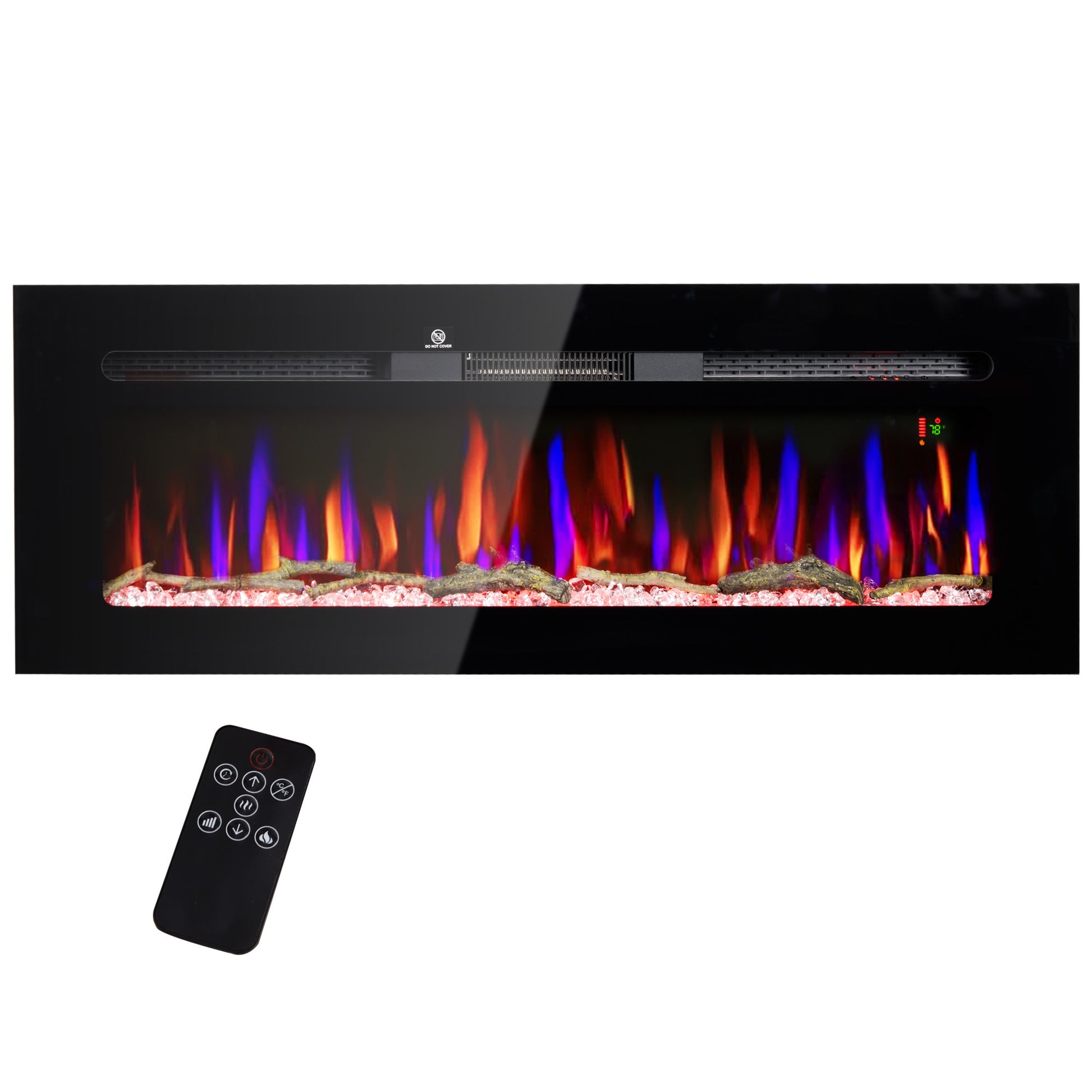Homcom 50" Electric Fireplace Recessed And Wall Mounted With Remote Control, 1500W Fireplace Heater With 8H Timer, Adjustable Flame Color And Brightness, Log And Crystal Black Steel